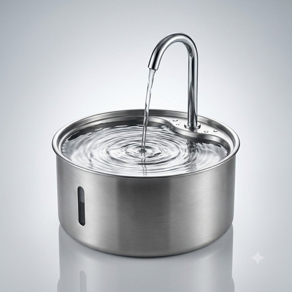The PurrFlow stainless steel fountain with water flowing from its curved faucet spout