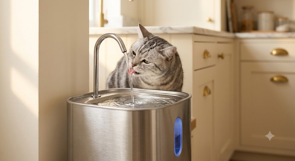 Cat drinking from the PurrFlow stainless steel fountain's flowing faucet stream in a sunny kitchen