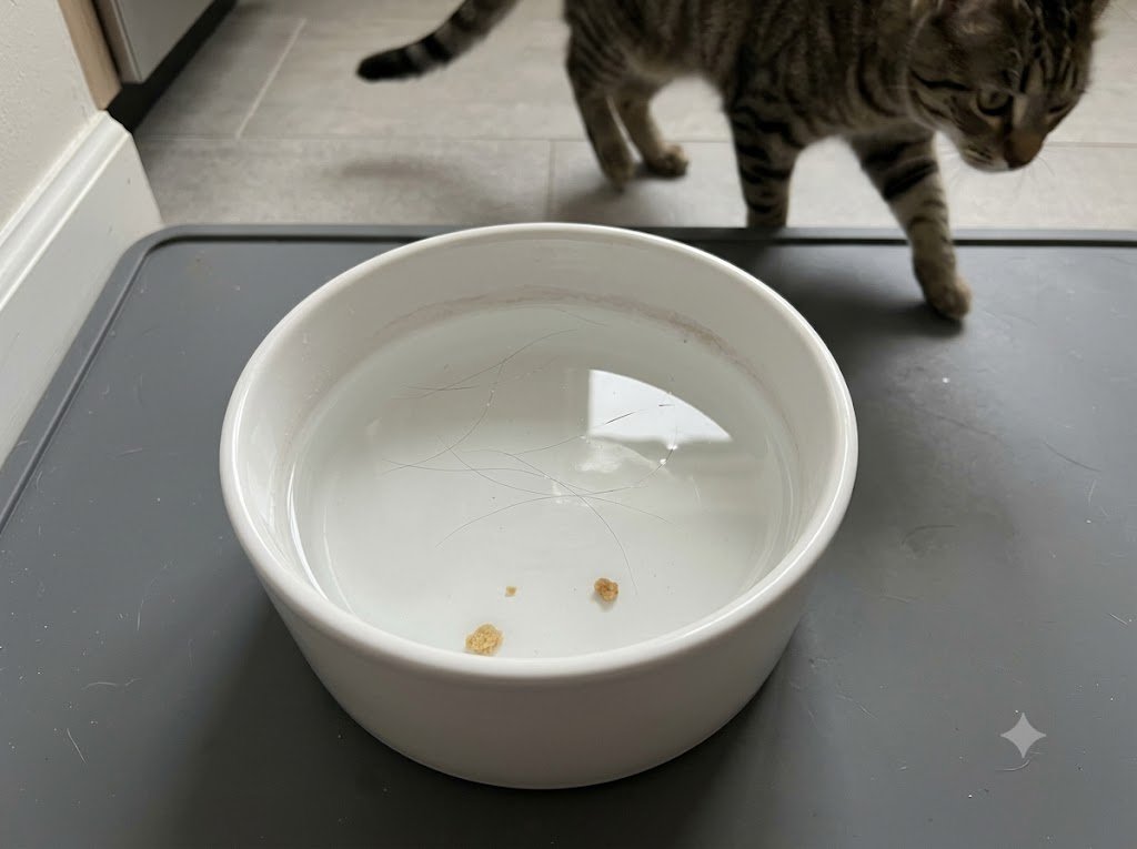 A water bowl with cat hair and food crumbs in it, while the cat walks away