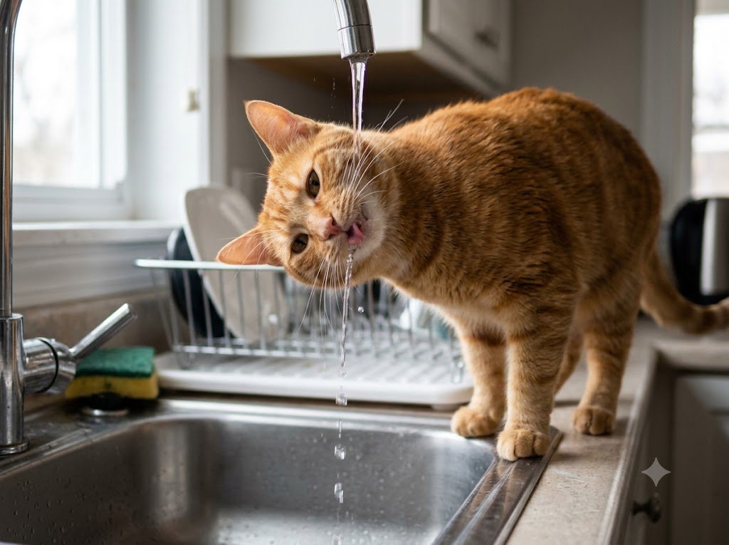 Orange cat drinking straight from a running kitchen faucet