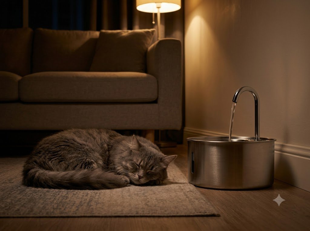 A cat sleeping peacefully on a rug right beside the quietly running PurrFlow fountain at night