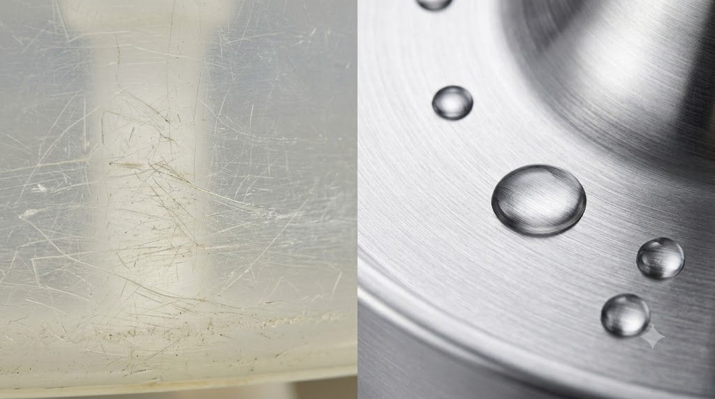 Macro comparison: scratched grimy plastic on the left versus clean brushed stainless steel with water beading on the right