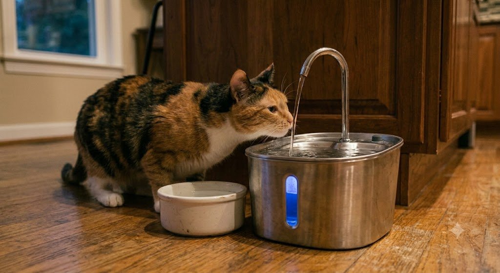 A cautious calico cat sniffing the PurrFlow steel fountain's flowing water, with her old ceramic bowl still beside it